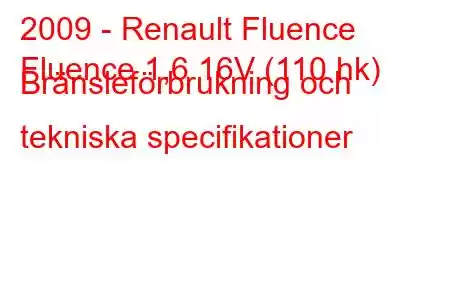 2009 - Renault Fluence
Fluence 1,6 16V (110 hk) Bränsleförbrukning och tekniska specifikationer