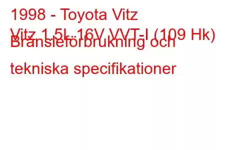 1998 - Toyota Vitz
Vitz 1.5L 16V VVT-I (109 Hk) Bränsleförbrukning och tekniska specifikationer