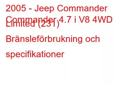 2005 - Jeep Commander
Commander 4.7 i V8 4WD Limited (231) Bränsleförbrukning och specifikationer