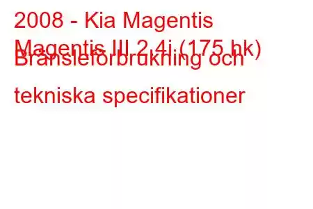 2008 - Kia Magentis
Magentis III 2.4i (175 hk) Bränsleförbrukning och tekniska specifikationer