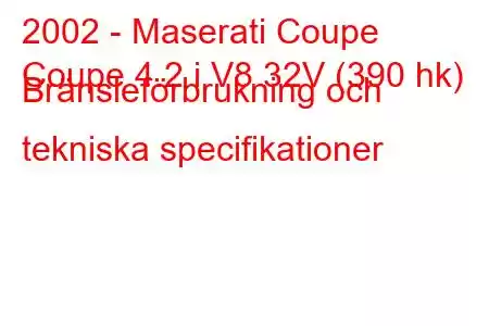 2002 - Maserati Coupe
Coupe 4.2 i V8 32V (390 hk) Bränsleförbrukning och tekniska specifikationer