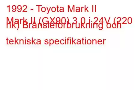 1992 - Toyota Mark II
Mark II (GX90) 3.0 i 24V (220 hk) Bränsleförbrukning och tekniska specifikationer