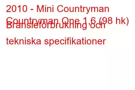 2010 - Mini Countryman
Countryman One 1,6 (98 hk) Bränsleförbrukning och tekniska specifikationer