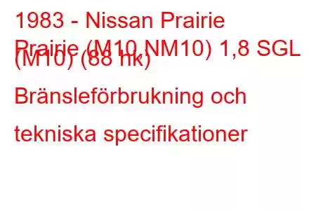 1983 - Nissan Prairie
Prairie (M10,NM10) 1,8 SGL (M10) (88 hk) Bränsleförbrukning och tekniska specifikationer