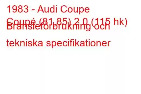 1983 - Audi Coupe
Coupé (81,85) 2,0 (115 hk) Bränsleförbrukning och tekniska specifikationer