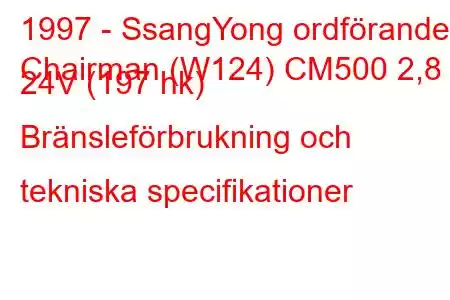 1997 - SsangYong ordförande
Chairman (W124) CM500 2,8 i 24V (197 hk) Bränsleförbrukning och tekniska specifikationer