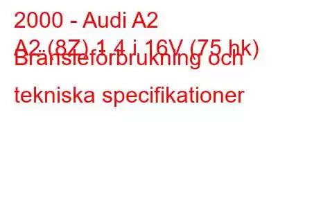 2000 - Audi A2
A2 (8Z) 1,4 i 16V (75 hk) Bränsleförbrukning och tekniska specifikationer