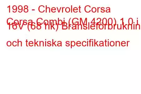 1998 - Chevrolet Corsa
Corsa Combi (GM 4200) 1.0 i 16V (68 hk) Bränsleförbrukning och tekniska specifikationer