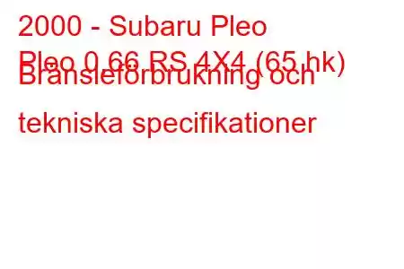 2000 - Subaru Pleo
Pleo 0,66 RS 4X4 (65 hk) Bränsleförbrukning och tekniska specifikationer