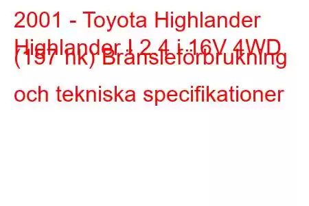 2001 - Toyota Highlander
Highlander I 2.4 i 16V 4WD (157 hk) Bränsleförbrukning och tekniska specifikationer