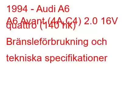 1994 - Audi A6
A6 Avant (4A,C4) 2.0 16V quattro (140 hk) Bränsleförbrukning och tekniska specifikationer