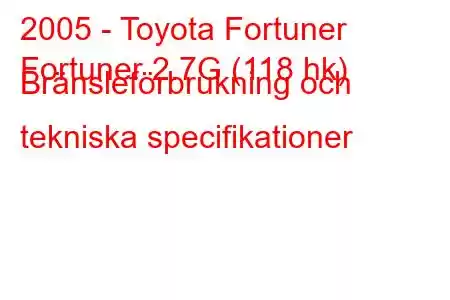 2005 - Toyota Fortuner
Fortuner 2.7G (118 hk) Bränsleförbrukning och tekniska specifikationer