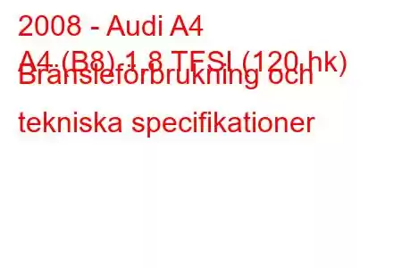 2008 - Audi A4
A4 (B8) 1,8 TFSI (120 hk) Bränsleförbrukning och tekniska specifikationer