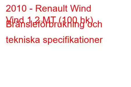 2010 - Renault Wind
Vind 1,2 MT (100 hk) Bränsleförbrukning och tekniska specifikationer