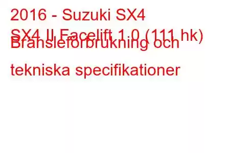 2016 - Suzuki SX4
SX4 II Facelift 1.0 (111 hk) Bränsleförbrukning och tekniska specifikationer