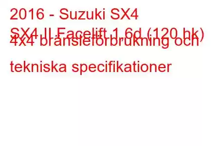 2016 - Suzuki SX4
SX4 II Facelift 1,6d (120 hk) 4x4 bränsleförbrukning och tekniska specifikationer