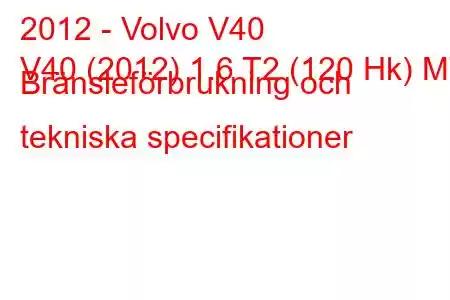 2012 - Volvo V40
V40 (2012) 1.6 T2 (120 Hk) MT Bränsleförbrukning och tekniska specifikationer