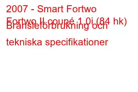 2007 - Smart Fortwo
Fortwo II coupé 1.0i (84 hk) Bränsleförbrukning och tekniska specifikationer