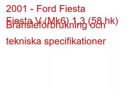 2001 - Ford Fiesta
Fiesta V (Mk6) 1,3 (58 hk) Bränsleförbrukning och tekniska specifikationer