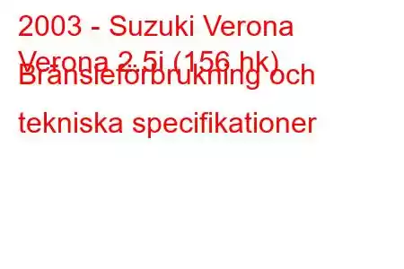 2003 - Suzuki Verona
Verona 2.5i (156 hk) Bränsleförbrukning och tekniska specifikationer