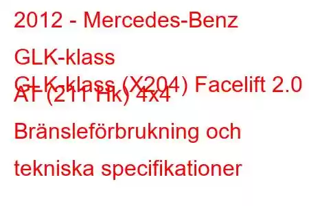 2012 - Mercedes-Benz GLK-klass
GLK-klass (X204) Facelift 2.0 AT (211 Hk) 4x4 Bränsleförbrukning och tekniska specifikationer