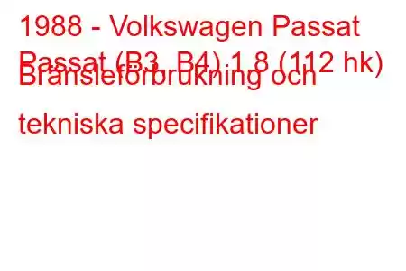 1988 - Volkswagen Passat
Passat (B3, B4) 1,8 (112 hk) Bränsleförbrukning och tekniska specifikationer