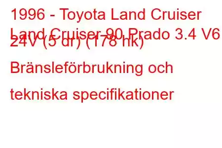 1996 - Toyota Land Cruiser
Land Cruiser 90 Prado 3.4 V6 24V (5 dr) (178 hk) Bränsleförbrukning och tekniska specifikationer