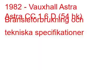 1982 - Vauxhall Astra
Astra CC 1.6 D (54 hk) Bränsleförbrukning och tekniska specifikationer