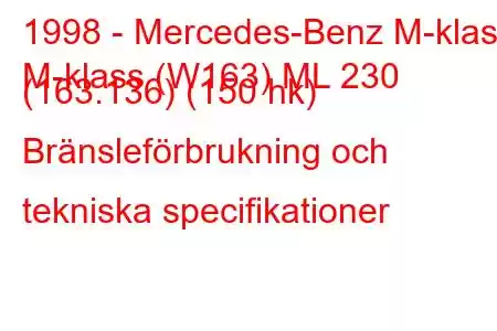 1998 - Mercedes-Benz M-klass
M-klass (W163) ML 230 (163.136) (150 hk) Bränsleförbrukning och tekniska specifikationer