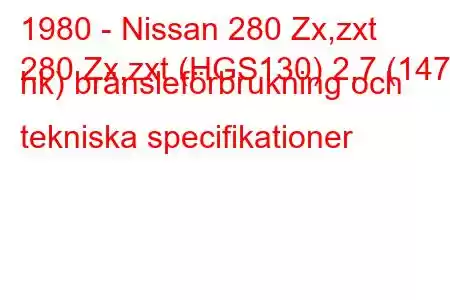 1980 - Nissan 280 Zx,zxt
280 Zx,zxt (HGS130) 2,7 (147 hk) bränsleförbrukning och tekniska specifikationer