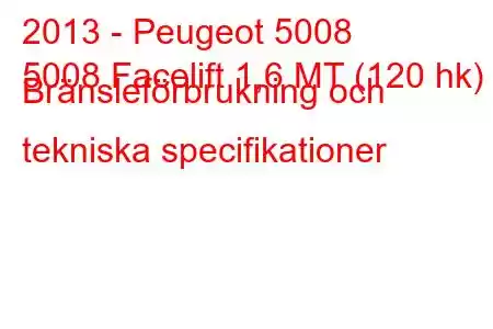 2013 - Peugeot 5008
5008 Facelift 1,6 MT (120 hk) Bränsleförbrukning och tekniska specifikationer