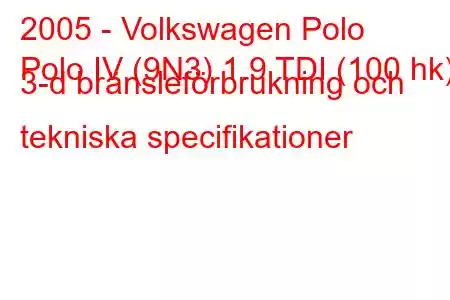 2005 - Volkswagen Polo
Polo IV (9N3) 1.9 TDI (100 hk) 3-d bränsleförbrukning och tekniska specifikationer