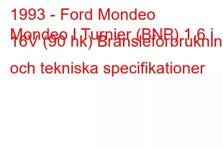 1993 - Ford Mondeo
Mondeo I Turnier (BNP) 1,6 i 16V (90 hk) Bränsleförbrukning och tekniska specifikationer