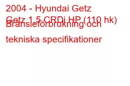 2004 - Hyundai Getz
Getz 1,5 CRDi HP (110 hk) Bränsleförbrukning och tekniska specifikationer