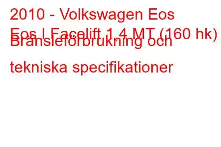 2010 - Volkswagen Eos
Eos I Facelift 1,4 MT (160 hk) Bränsleförbrukning och tekniska specifikationer