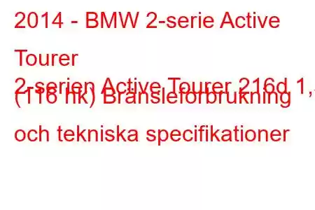 2014 - BMW 2-serie Active Tourer
2-serien Active Tourer 216d 1,5 (116 hk) Bränsleförbrukning och tekniska specifikationer