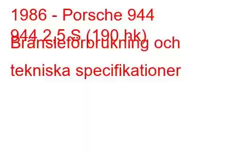 1986 - Porsche 944
944 2,5 S (190 hk) Bränsleförbrukning och tekniska specifikationer