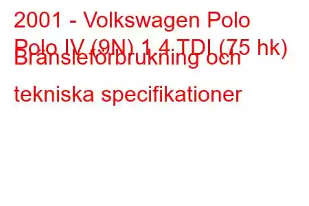 2001 - Volkswagen Polo
Polo IV (9N) 1.4 TDI (75 hk) Bränsleförbrukning och tekniska specifikationer