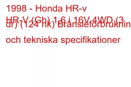 1998 - Honda HR-v
HR-V (Gh) 1,6 i 16V 4WD (3 dr) (124 hk) Bränsleförbrukning och tekniska specifikationer