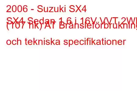 2006 - Suzuki SX4
SX4 Sedan 1.6 i 16V VVT 2WD (107 hk) AT Bränsleförbrukning och tekniska specifikationer