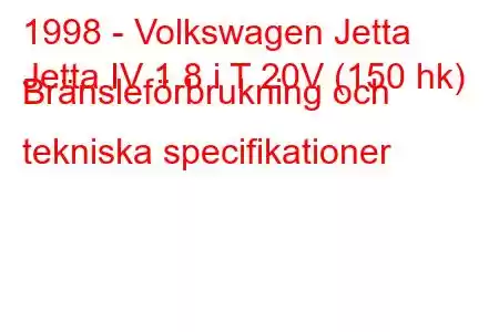 1998 - Volkswagen Jetta
Jetta IV 1.8 i T 20V (150 hk) Bränsleförbrukning och tekniska specifikationer