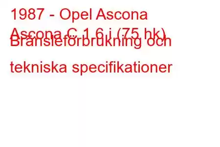 1987 - Opel Ascona
Ascona C 1.6 i (75 hk) Bränsleförbrukning och tekniska specifikationer