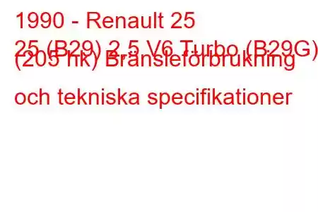 1990 - Renault 25
25 (B29) 2,5 V6 Turbo (B29G) (205 hk) Bränsleförbrukning och tekniska specifikationer