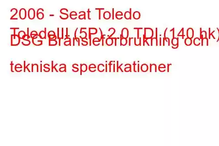 2006 - Seat Toledo
ToledoIII (5P) 2.0 TDI (140 hk) DSG Bränsleförbrukning och tekniska specifikationer