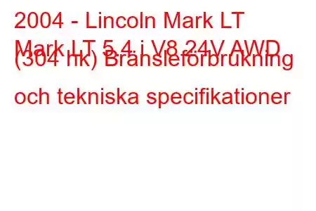 2004 - Lincoln Mark LT
Mark LT 5.4 i V8 24V AWD (304 hk) Bränsleförbrukning och tekniska specifikationer