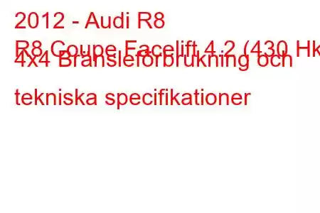 2012 - Audi R8
R8 Coupe Facelift 4.2 (430 Hk) 4x4 Bränsleförbrukning och tekniska specifikationer