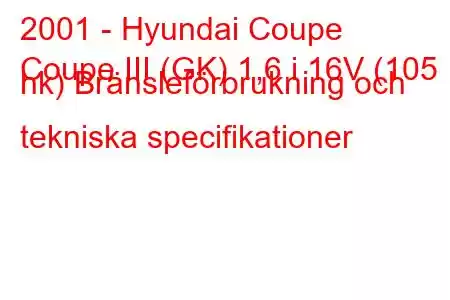 2001 - Hyundai Coupe
Coupe III (GK) 1,6 i 16V (105 hk) Bränsleförbrukning och tekniska specifikationer