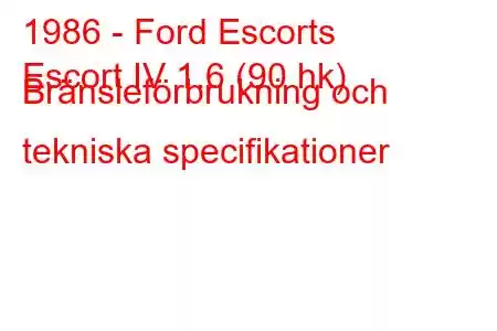 1986 - Ford Escorts
Escort IV 1.6 (90 hk) Bränsleförbrukning och tekniska specifikationer