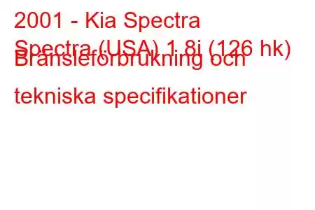 2001 - Kia Spectra
Spectra (USA) 1.8i (126 hk) Bränsleförbrukning och tekniska specifikationer