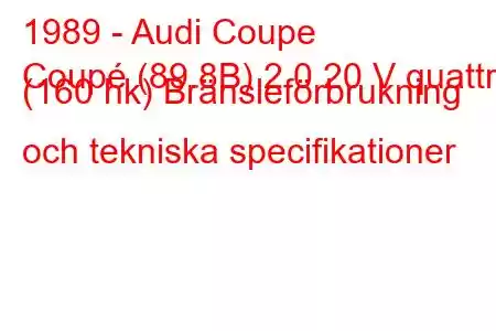 1989 - Audi Coupe
Coupé (89.8B) 2.0 20 V quattro (160 hk) Bränsleförbrukning och tekniska specifikationer